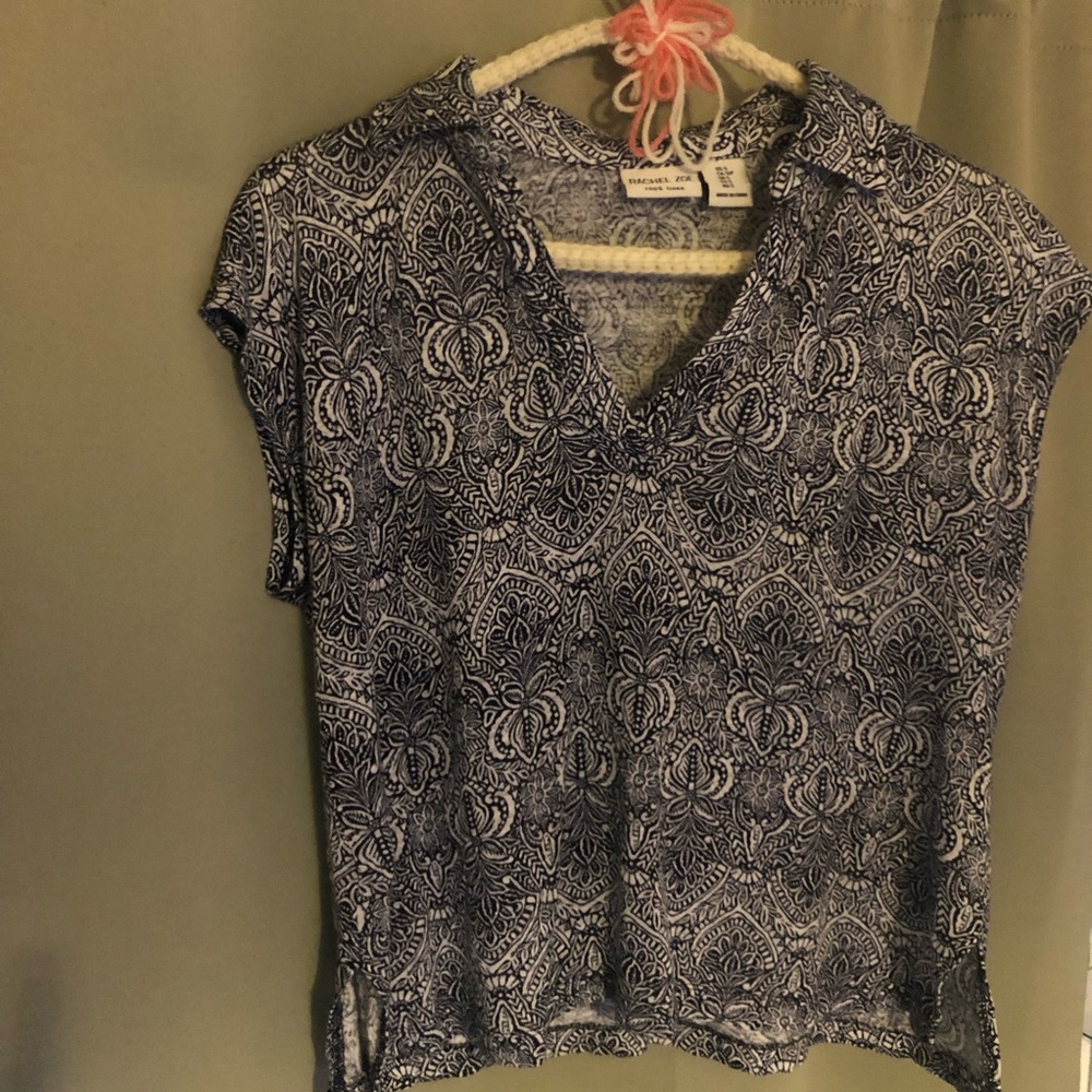 Rachel Zoe 100% Linen Boho Top Blue White Print Size S - Picture 10 of 10